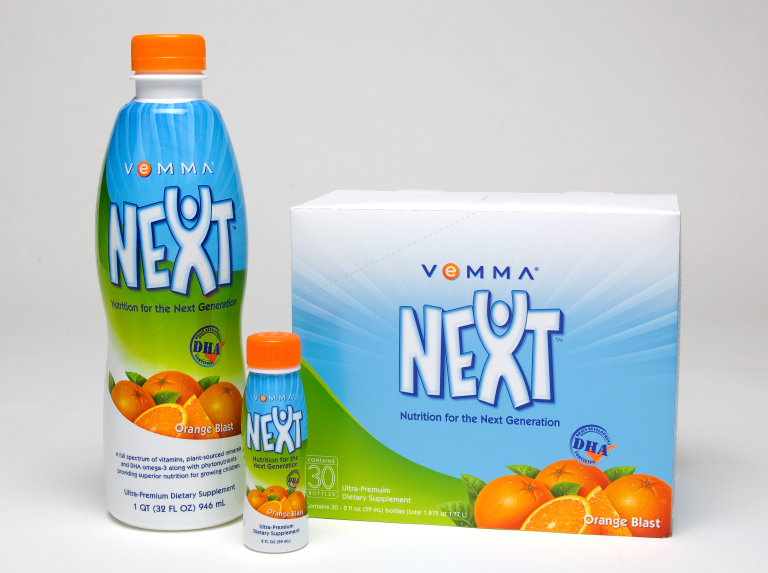 Colorful Vemma Next Product; 32 oz bottle and a case of 2oz bottles Oranges with a sky blue wave across front of a white bottle and case 