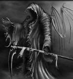 Gray scale Grim Reaper with Scickle and boney wings