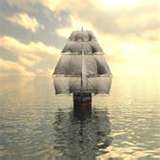 Three mast sailing Ship headed towards you on a grayish colored calm sea